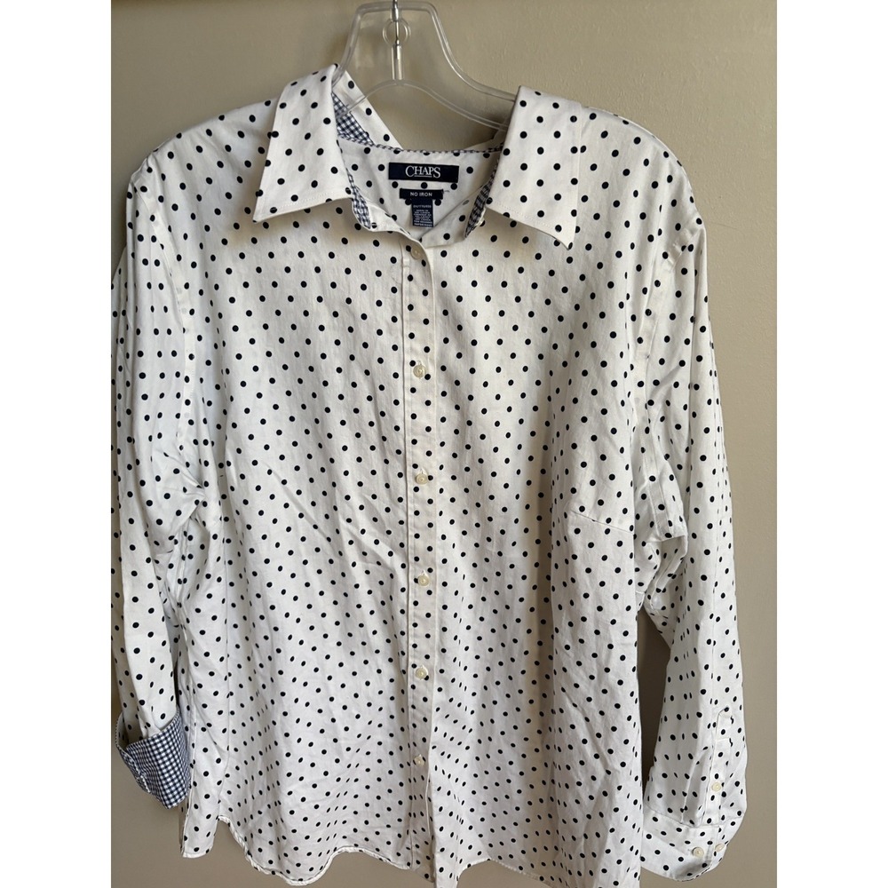 Chaps 2X No Iron Button Up Polka Dot Gingham Shirt Preppy flip cuff Cotton - Picture 11 of 15
